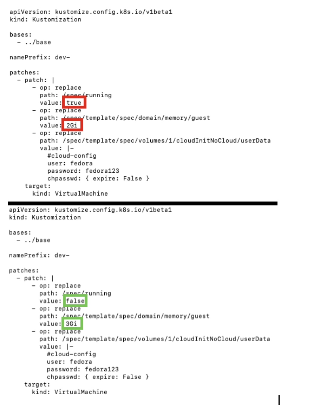 Before and After view of the kustomization.yaml file